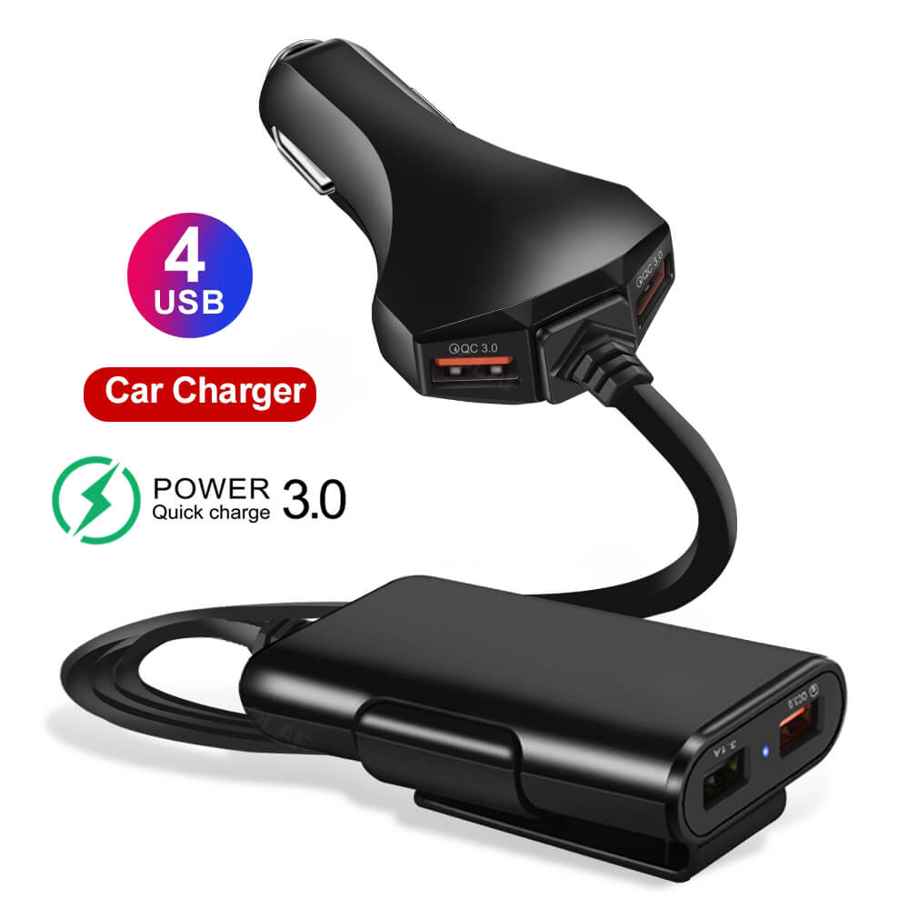 Aisiml 4 Port USB Quick Charge 3.0 Car Charger For iPhone Huawei 60W 12A Fast Phone Charger For Xiaomi Samsung Front / Back Seat Clip